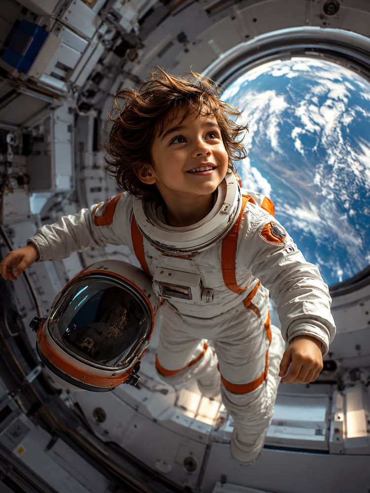 Foto eines Kind-Astronauten im Weltraum