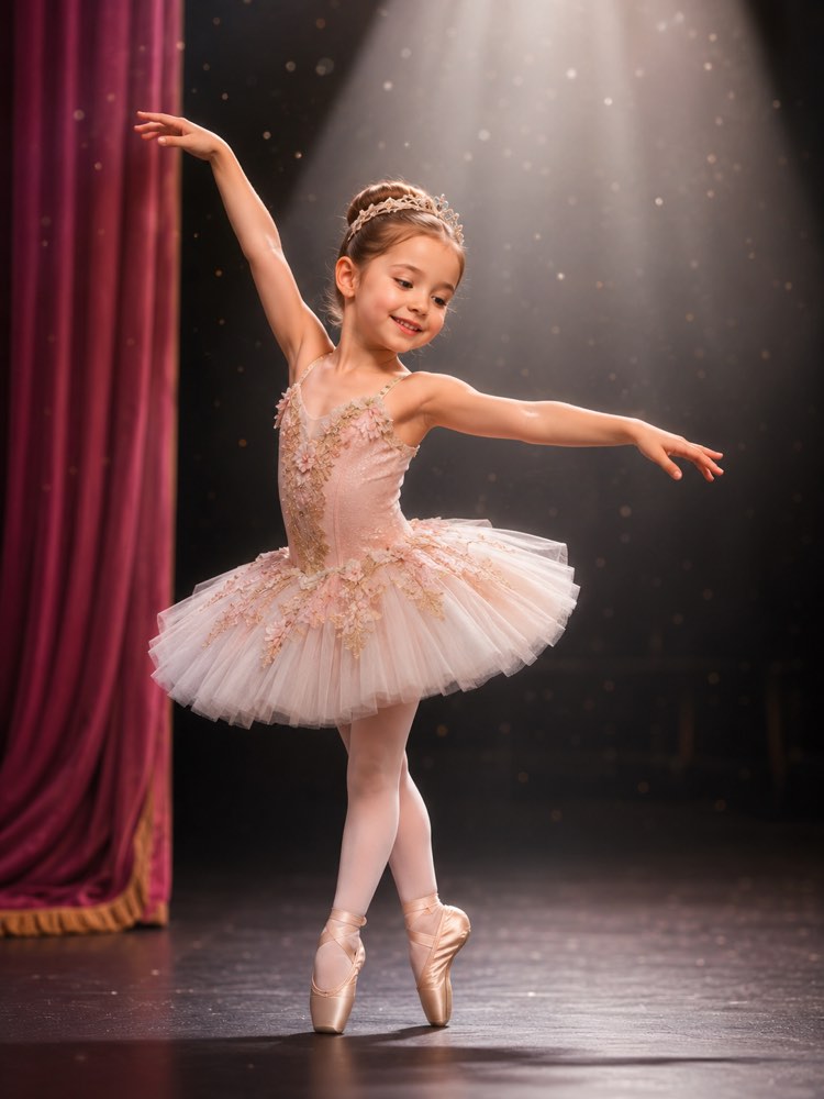 Foto eines Kind-Ballerinas auf der Bühne mit KI