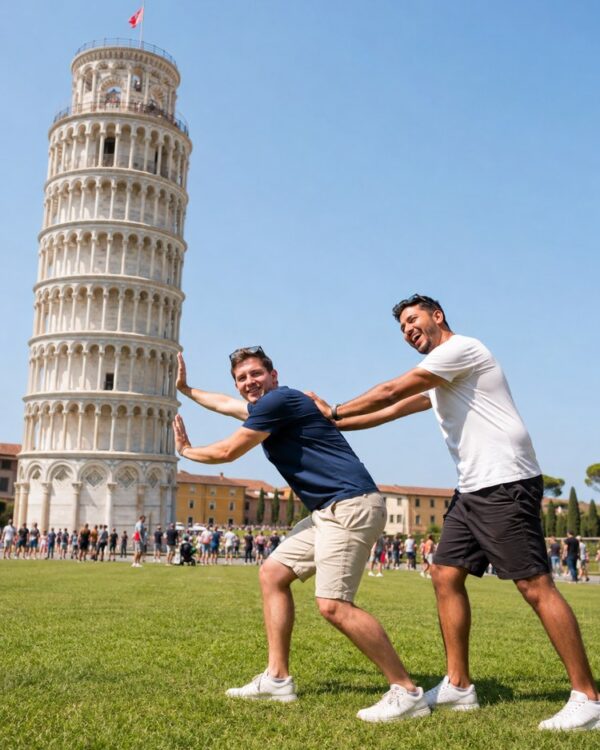 Foto beim Halten des Schiefen Turms von Pisa mit KI