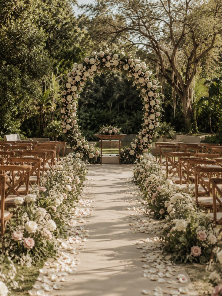 Altar und Blumenbogen für die Zeremonie