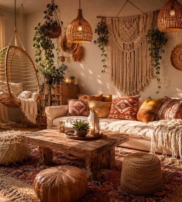 Boho-Chic-Wohnzimmer voller Pflanzen