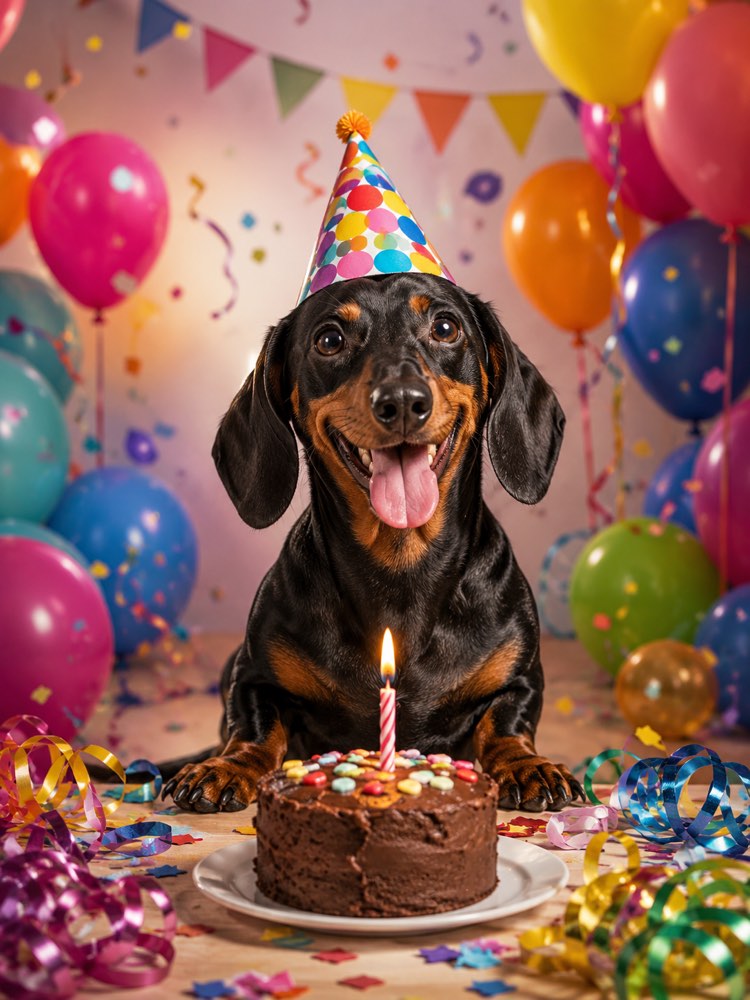Haustier-Geburtstagsfoto mit Torte und Luftballons