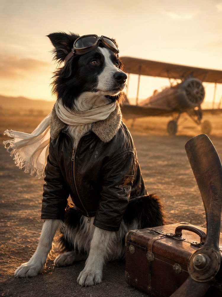 Vintage-Foto vom Haustier als Flieger mit KI