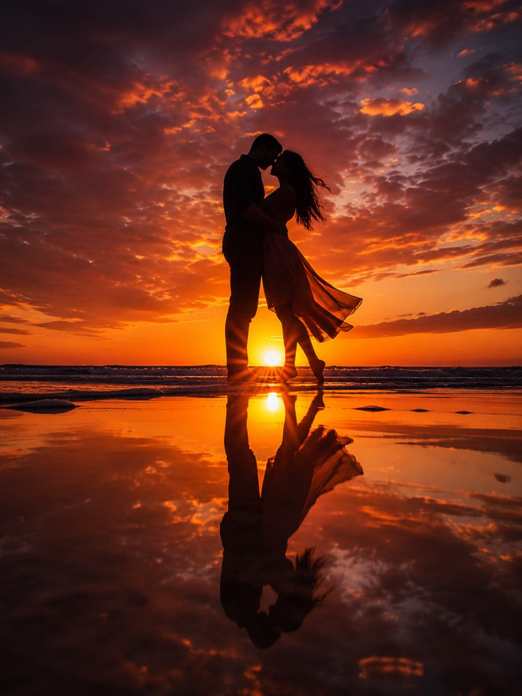 Couple Silhouette on the Beach at Sunset