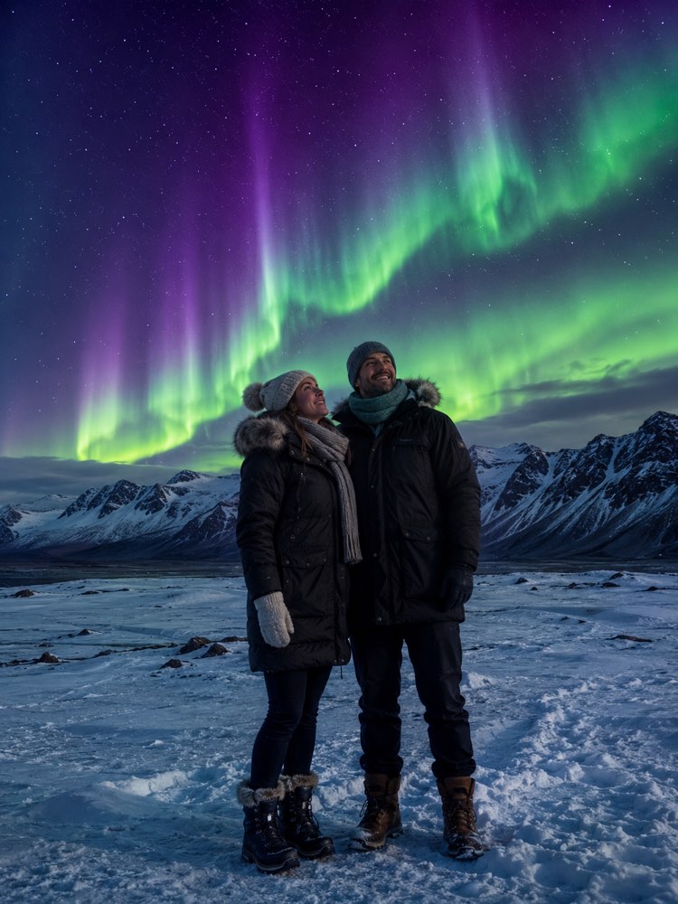 Foto bajo la Aurora Boreal en Islandia con IA