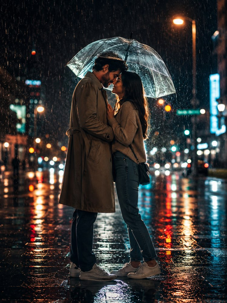 Sesión de pareja bajo la lluvia estilo cine