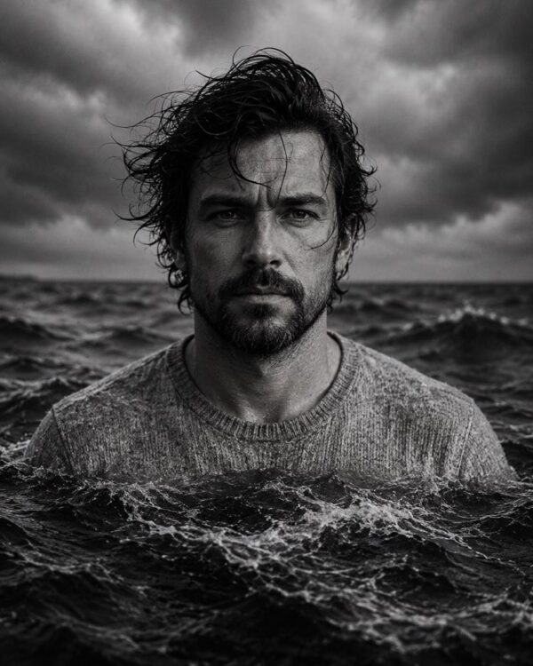 Retrato en doble exposición con el mar en blanco y negro