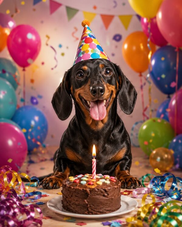 Foto de cumpleaños de mascota con tarta y globos