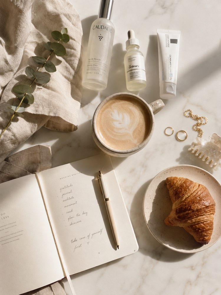 Flatlay Clean Girl du Matin pour un Fil Esthétique