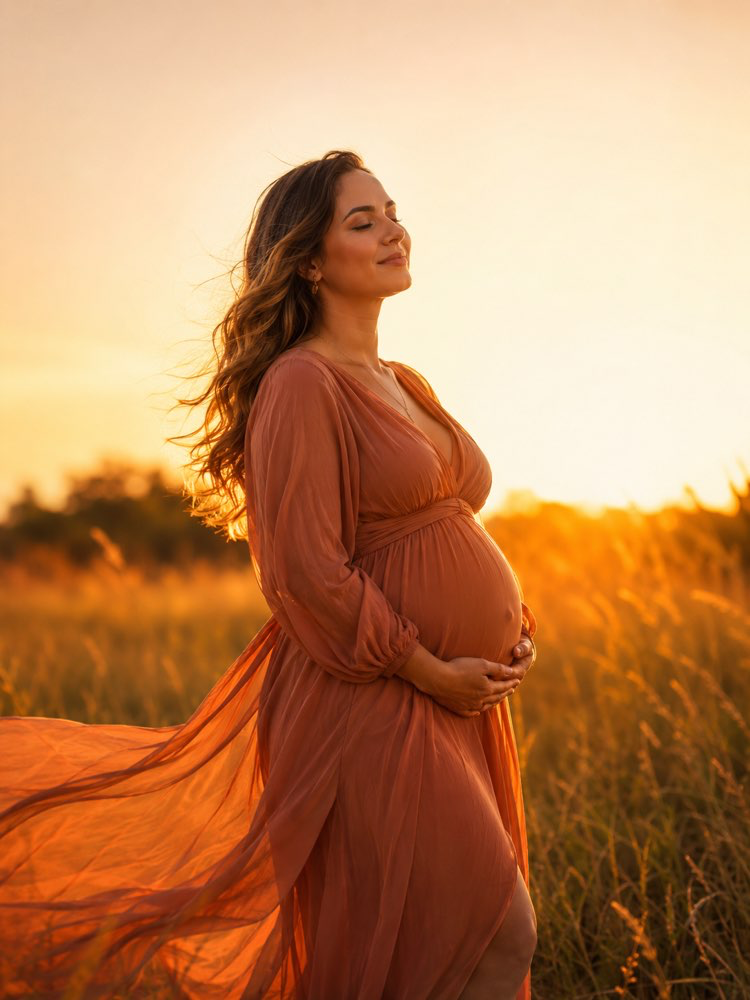 Séance de grossesse au coucher du soleil avec l'IA