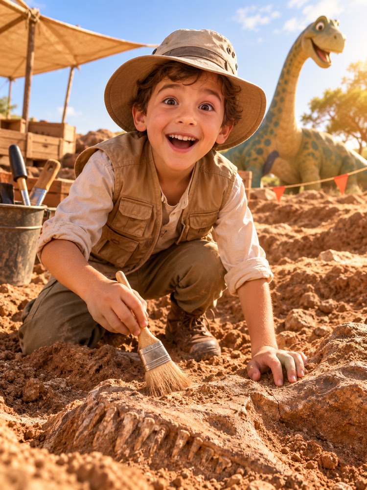 Foto di Bambino Paleontologo con Dinosauro