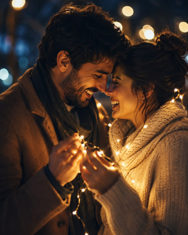 Servizio di coppia con lucine e bokeh notturno