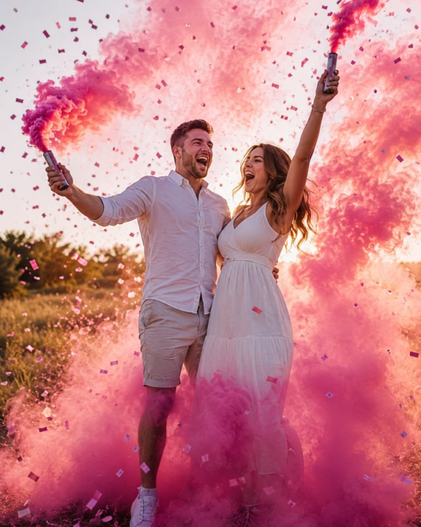 Foto di gender reveal con fumo colorato