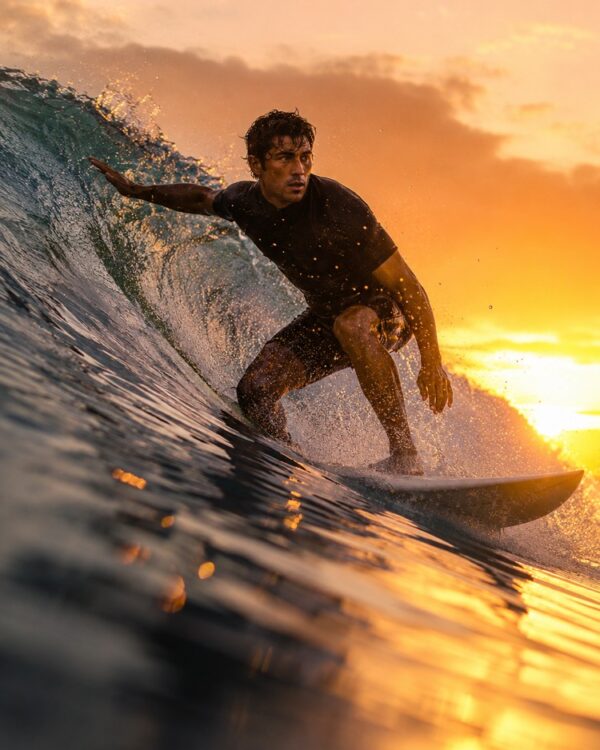 Surfista che Droppa l’Onda all’Alba
