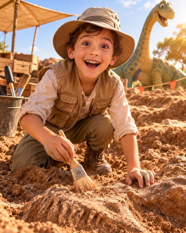 恐竜と一緒の子ども古生物学者の写真