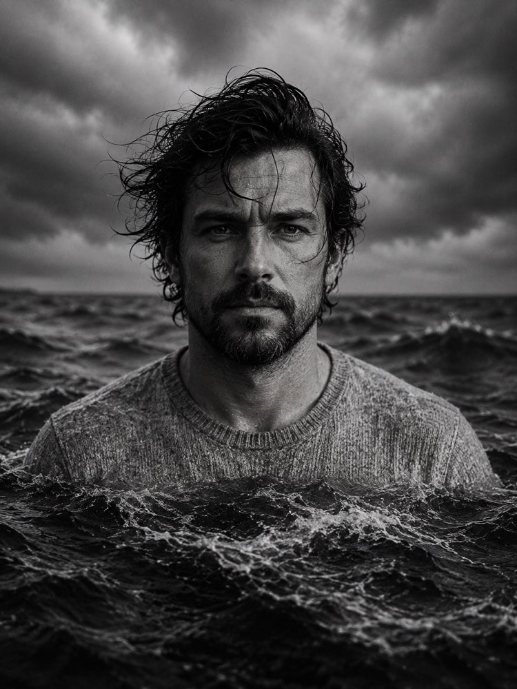 海との二重露光のモノクロ・ポートレート