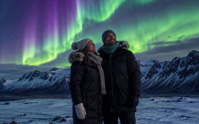 Exemplo do prompt Você sob a aurora boreal na Islândia - montagem de viagem no Prompteiro