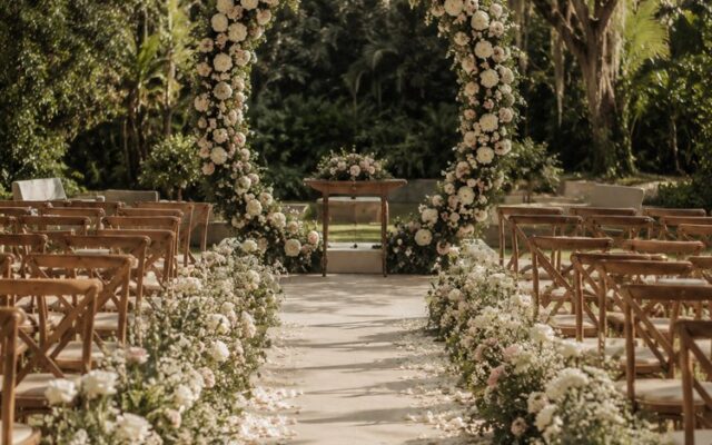Exemplo de imagem gerada com o prompt Cenário da Cerimônia com Altar e Arco Floral