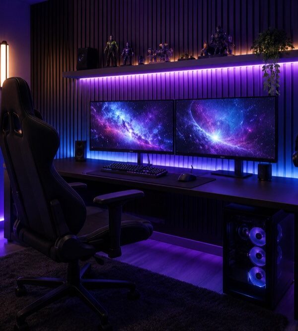 沉浸式游戏 setup，配 RGB 灯光
